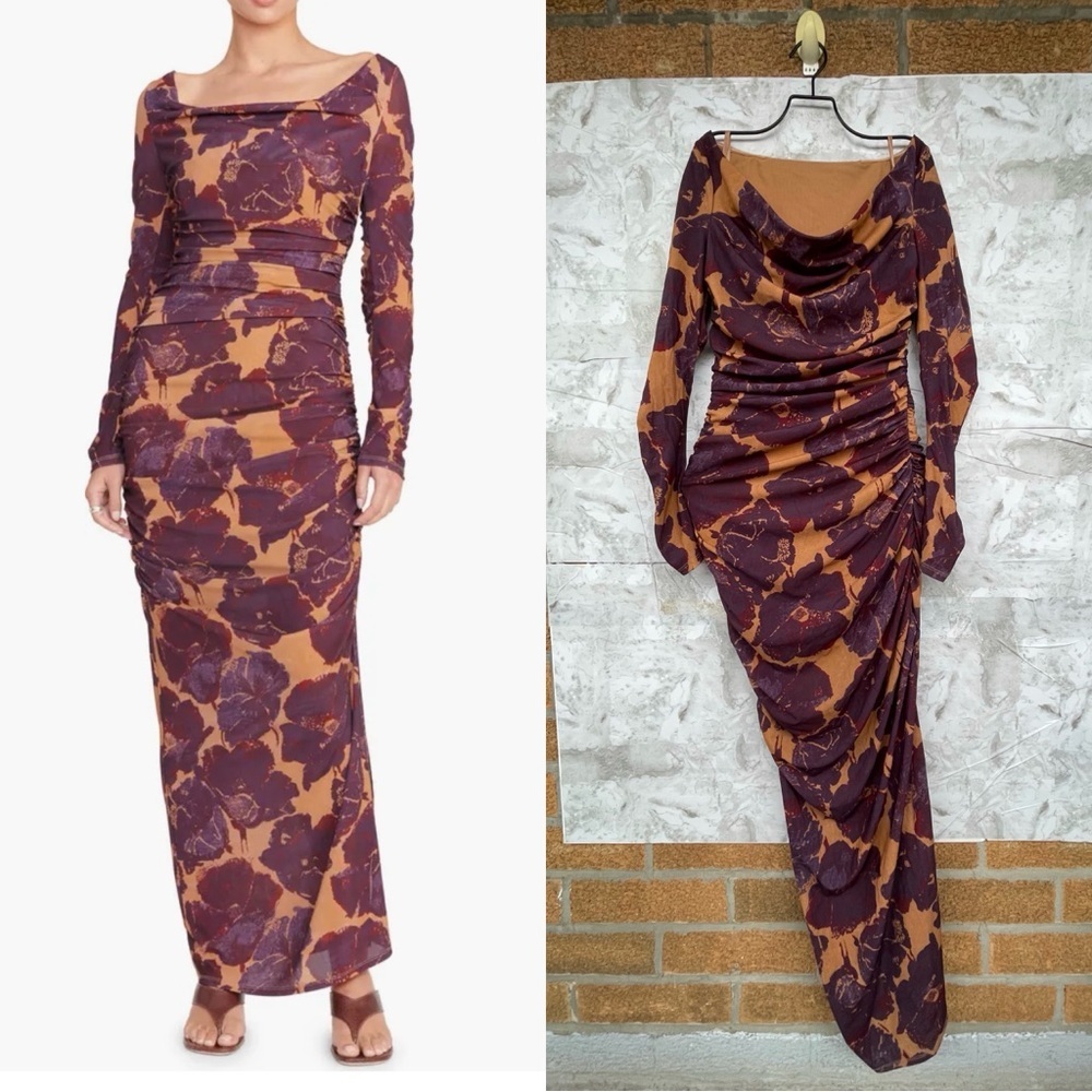 STAUD Solana Floral Print Long Sleeve Maxi Dress in Dried Pressed Flowers small